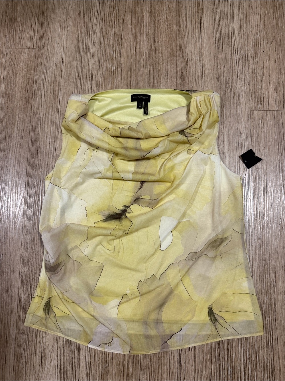 Donna Karan Yellow and Cream Watercolor Cowl Neck Sleeveless Blouse L